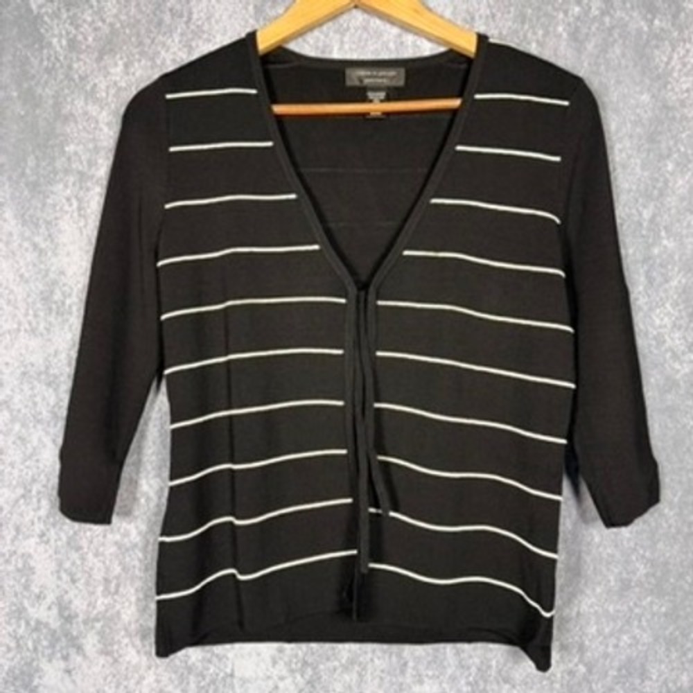 Cable & Gauge Cardigan Women PM Black White Striped V-Neck Tie Front 3/4 Sleeve